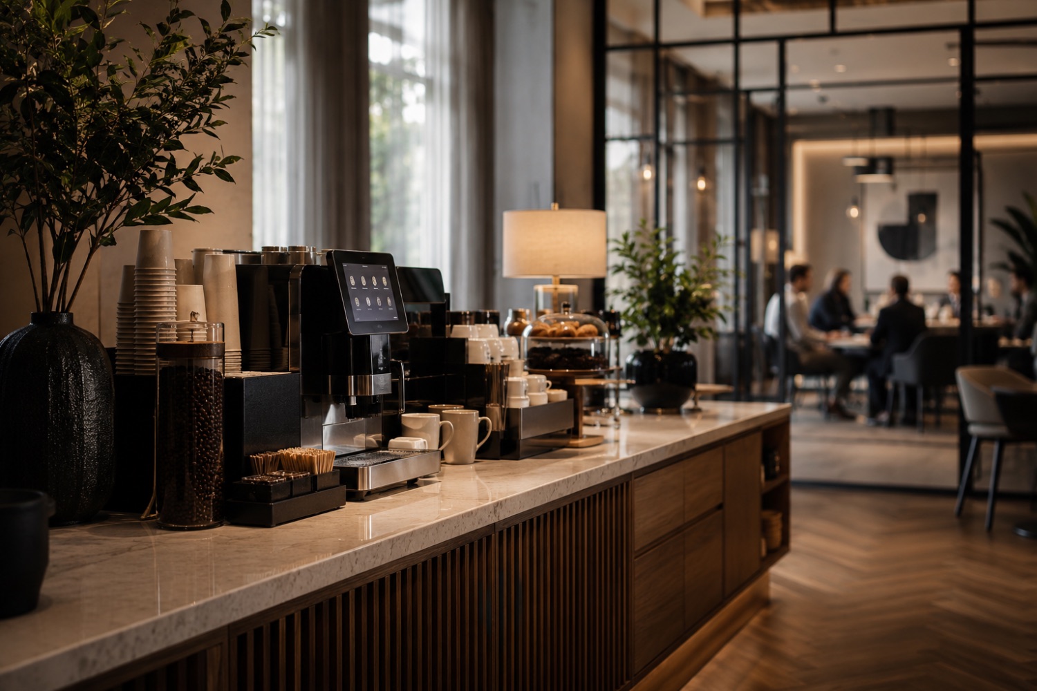 A warm coffee served on a marble counter