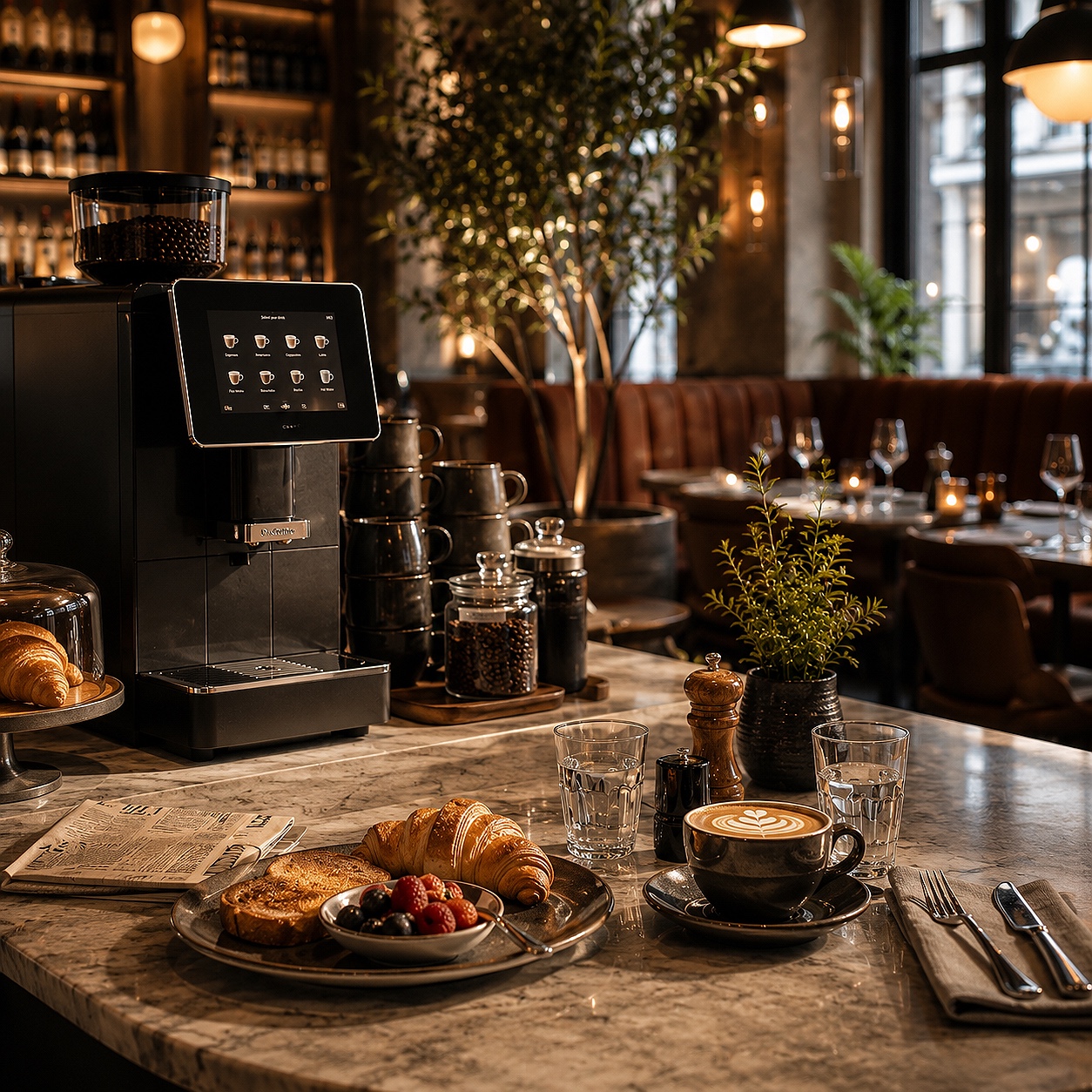 Coffee and pastries on a restaurant marble counter